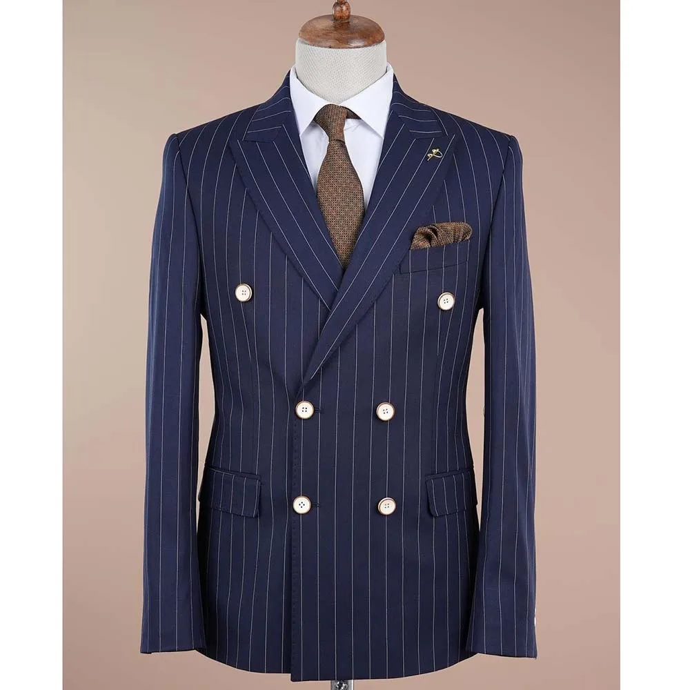 Blue Pinstripe Double Breasted Men Suits High End Formal 2 Piece Jacket Pants Set Luxury Tailor Business Blazer Outfits Costume