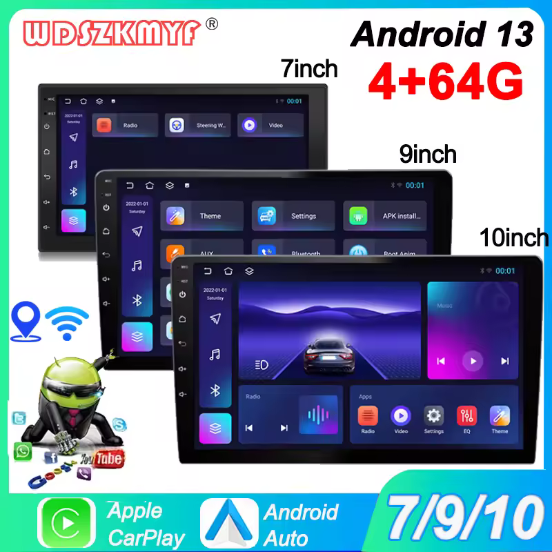 נגן מולטימדיה אוניברסלי בגודל 7 9 10 אינץ 'עם GPS WIFI אלחוטי CarPlay Android Auto Android13 2 Din FM רדיו סטריאו מקלט נגן