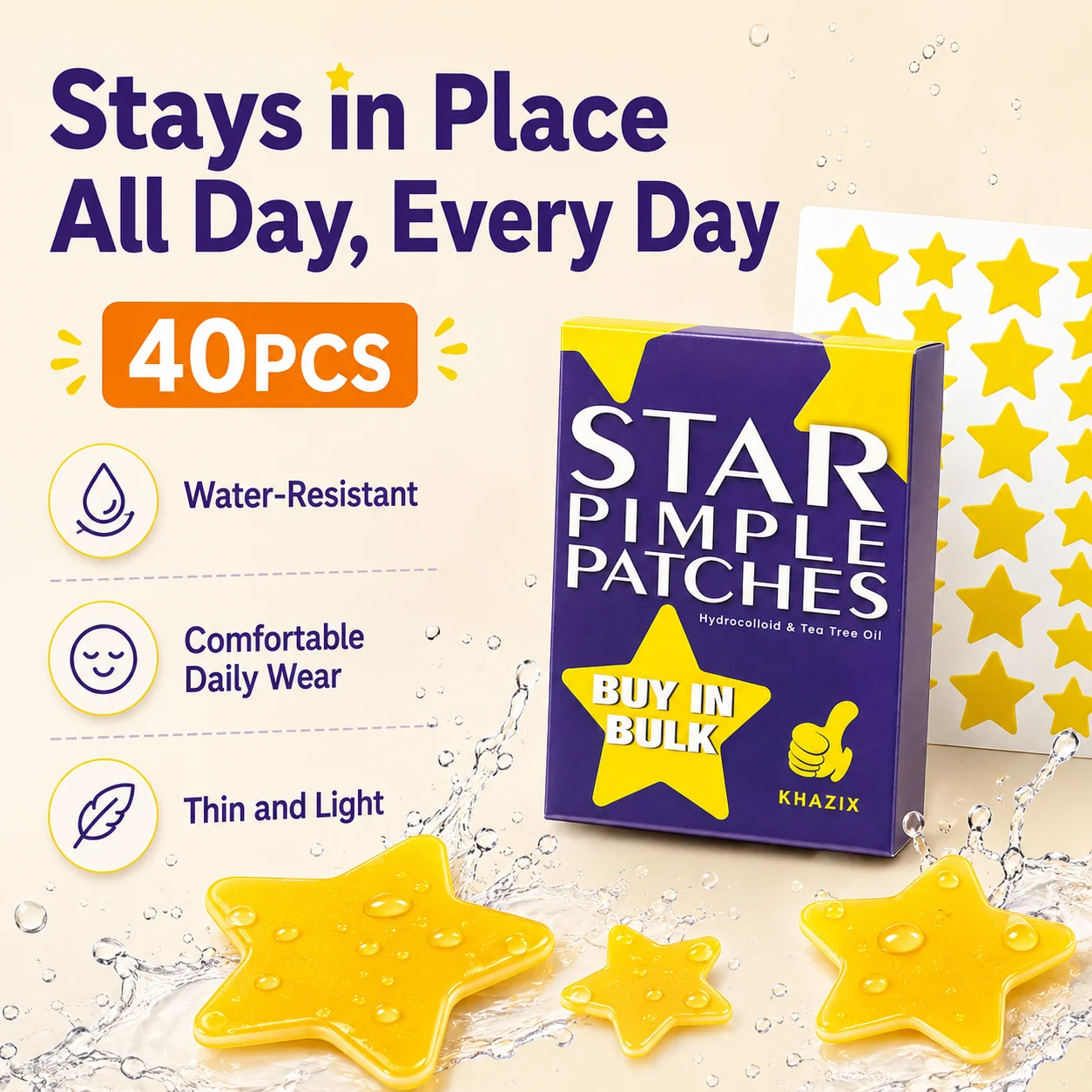 40PCS Cute Yellow Acne Patches Star Shape Salicylic Acid Pimple Stickers Skin Cleansing Patch for Daily Care