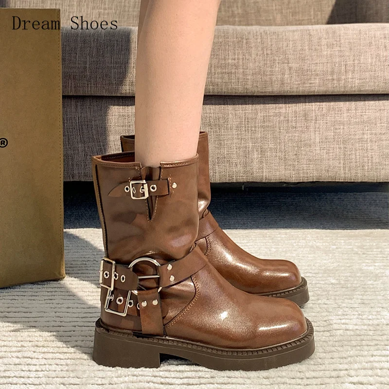 

British Style Metal Buckle Thick Heel Women'S Boots, Autumn And Winter Vingate Square Toe Sleeve Short Boots, Cool Knight Boot