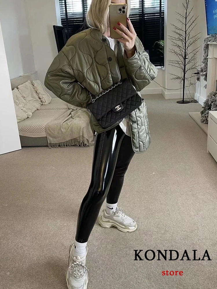 KONDALA 2022 Streetwear Green Oversized Long Jackets Women O Neck Pockets Autumn Wintet Thicken Jackets Female Casual Outwear