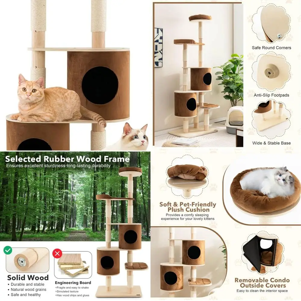 

Домашний деревообразный лоток-лежанка для кошек (75 см) с сизалевыми стойками, из каучукового дерева, с верхней перистой площадкой, съемным домиком для крупных кошек