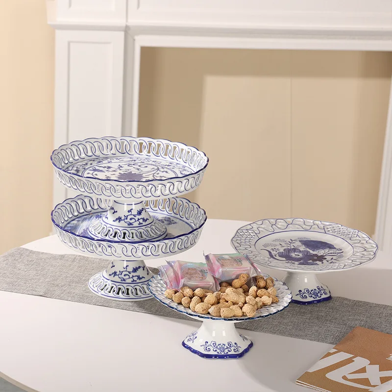 

HYS blue and white porcelain dim sum plate set hollow ceramic fruit plate dessert table decorative plate home banquet