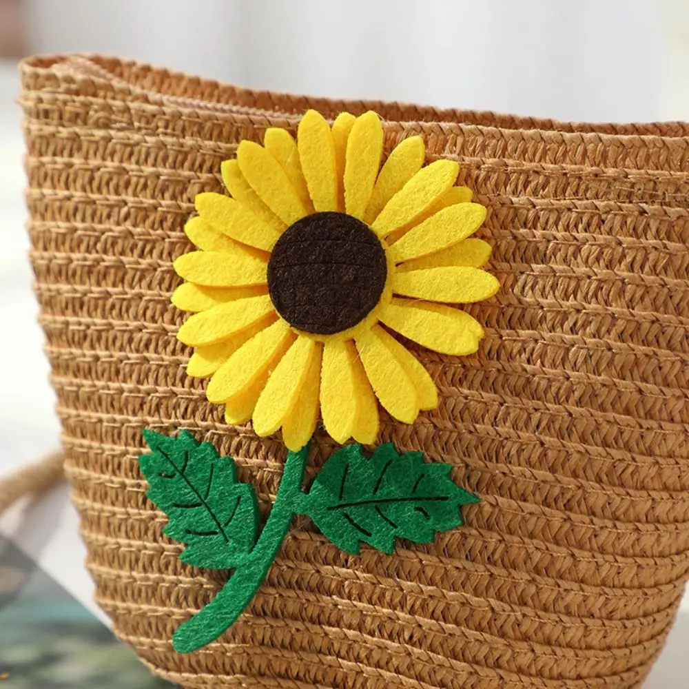 Children Girl Straw Bag Cute Flower Handmade Woven Messenger Bag Travel Storage Basket Coin Purse Summer Kids Crossbody Handbag