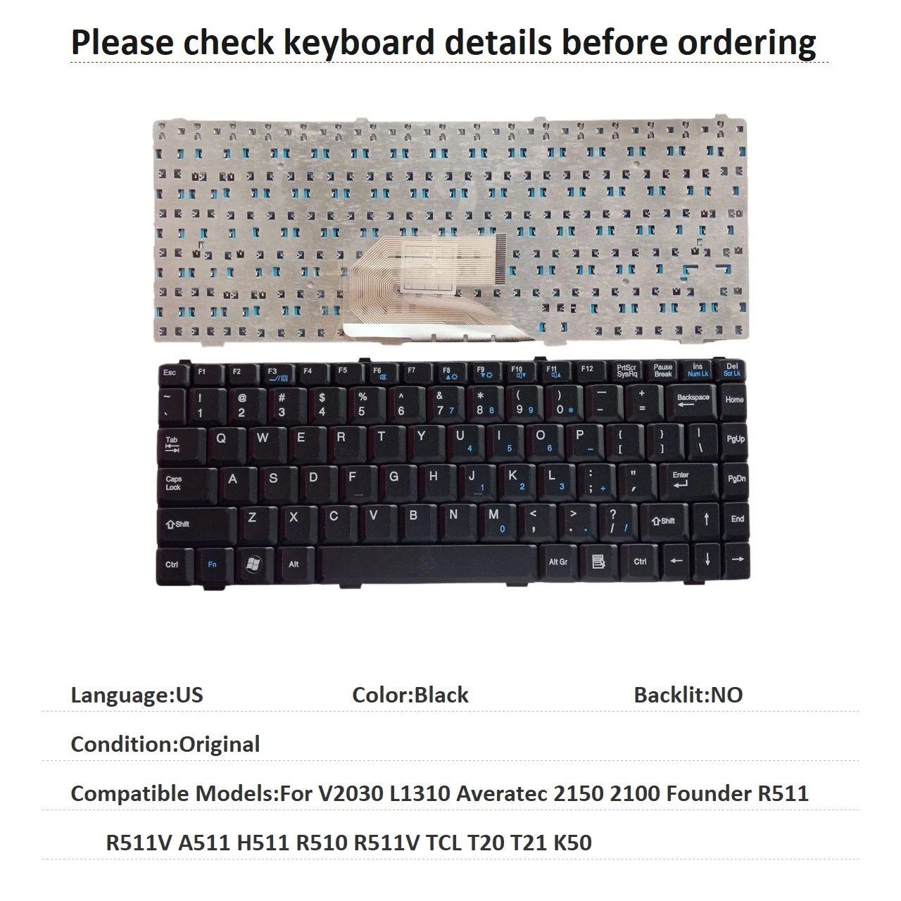 Nuevo teclado en inglés estadounidense para Fujitsu V2030 L1310 Averatec 2150 2100 Founder R511 R511V A511 H511 R510 R511V TCL T20 T21 K50