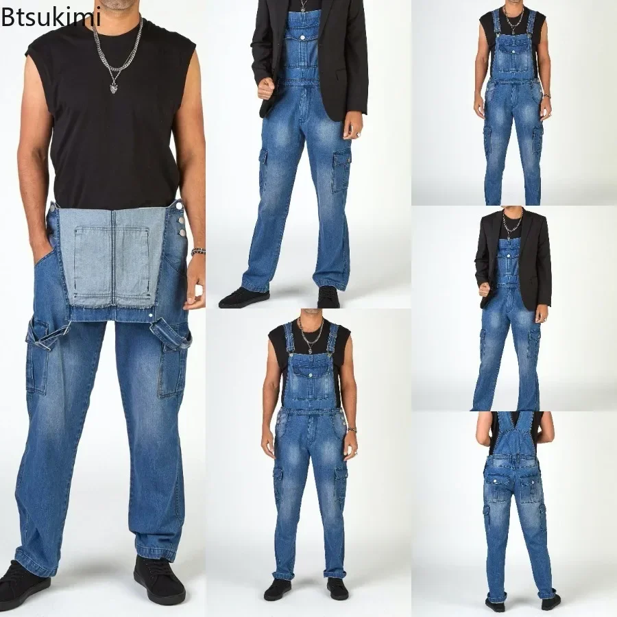 2025 Men's Denim Straps Long Pants Multiple Pockets Men Denim Bib Blue Cargo Pants Fashion Pocket Jumpsuits Casual Jeans for Men