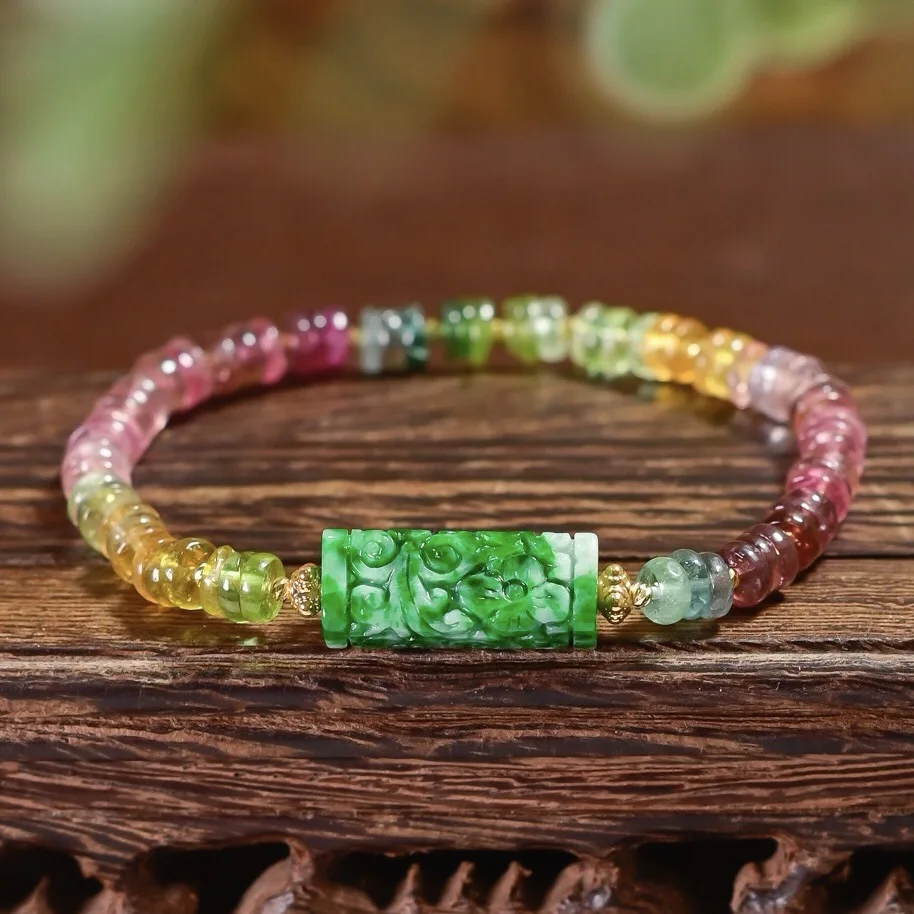 Natural Candy Tourmaline Bracelet with Carved Green Jadeite, Full 18K Gold Parts, Colorful Gem Wrist Jewelry for Women