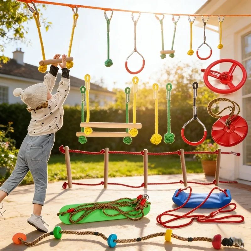 Ninja Warrior Hindernisparcours für Kinder mit Baumschaukel, Seilzug-Set, Klettergerüst, Turnringen und Kletterleiter für drinnen und draußen