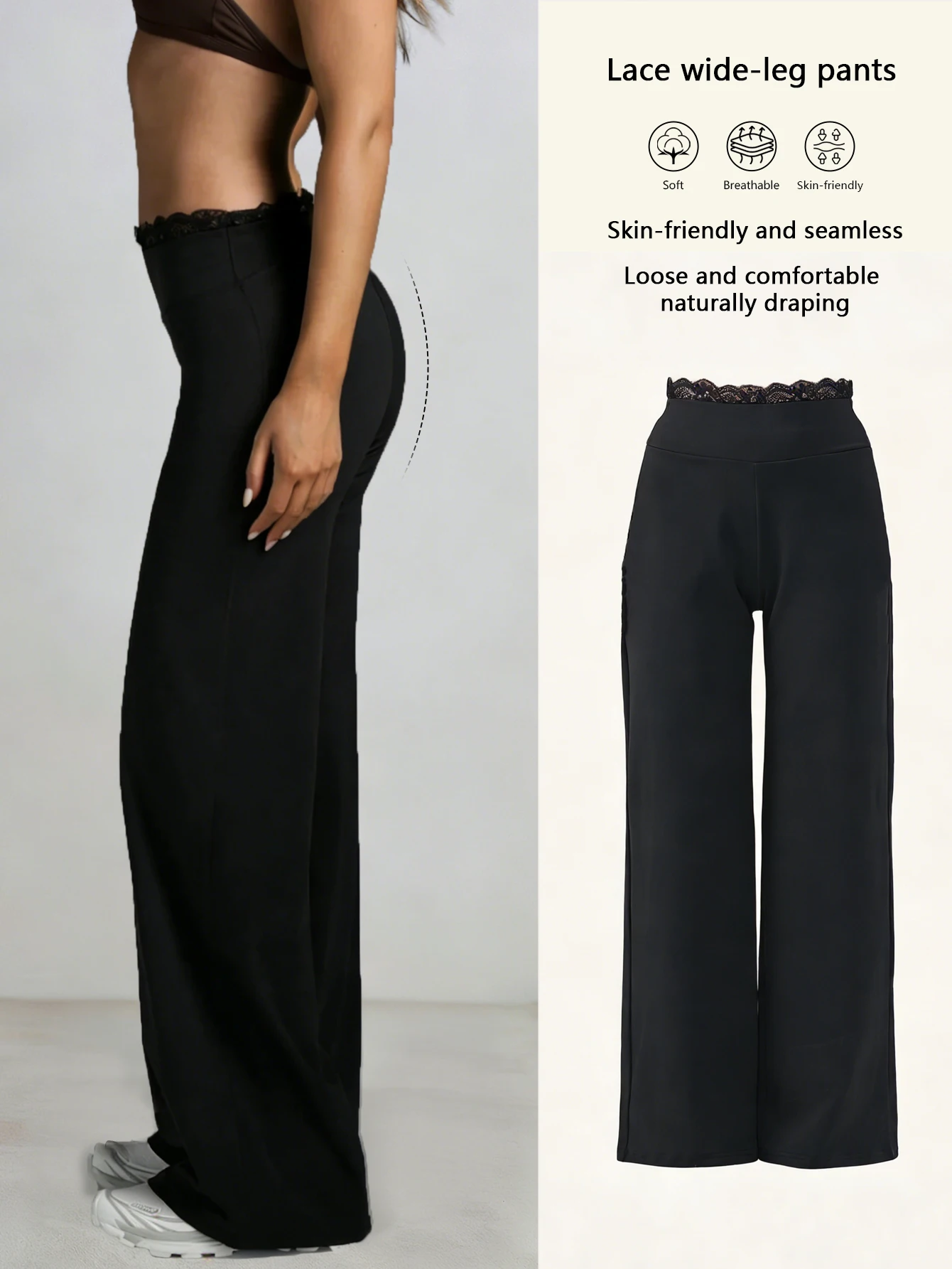 Damen-Hose mit hoher Taille und Spitze, weites Bein, weich und atmungsaktiv, hautfreundlich und sexy, locker und bequem, Freizeithose mit weitem Bein