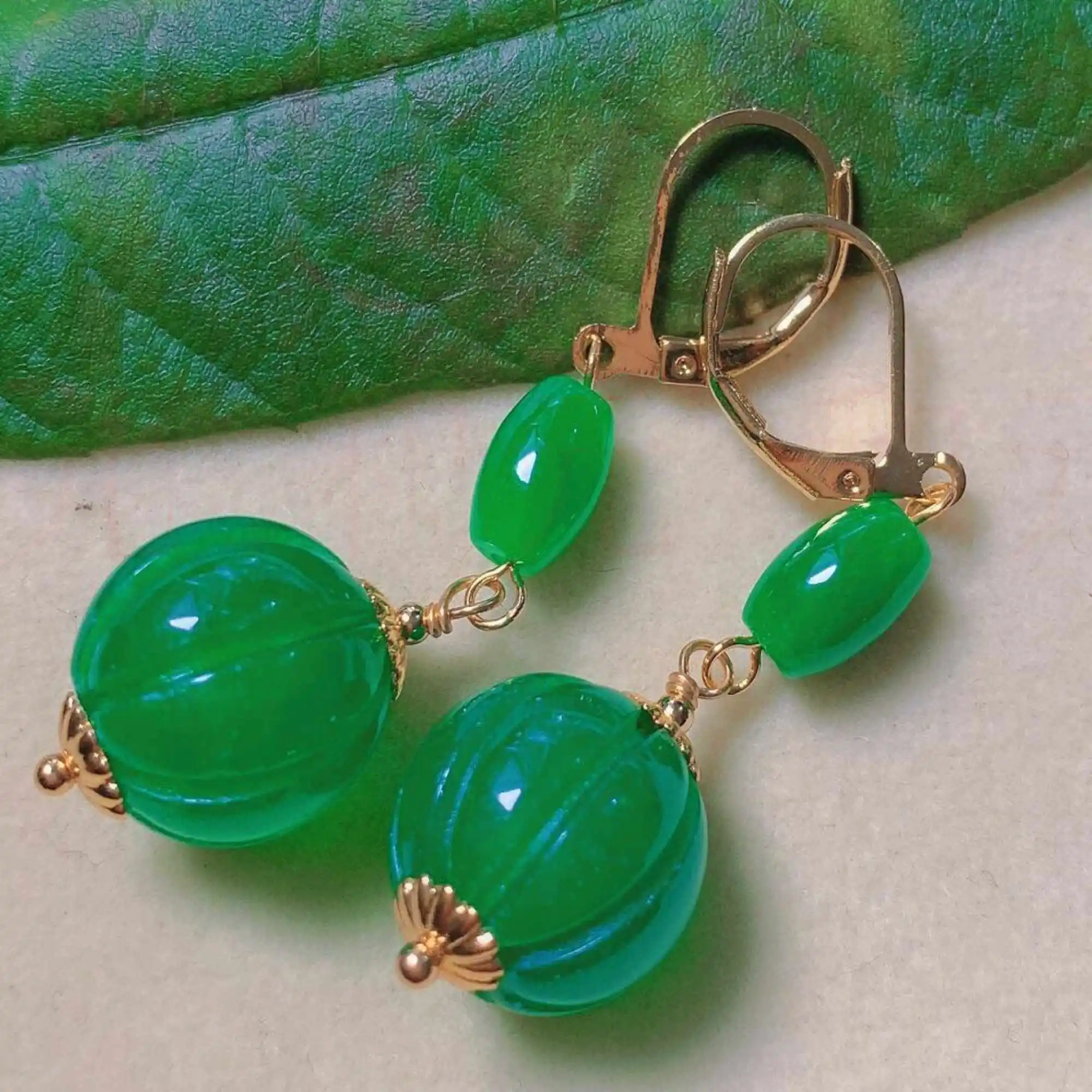 Fashion natural green jade pumpkin chalcedony beads gold earrings Women New Holiday gifts Classic Gift