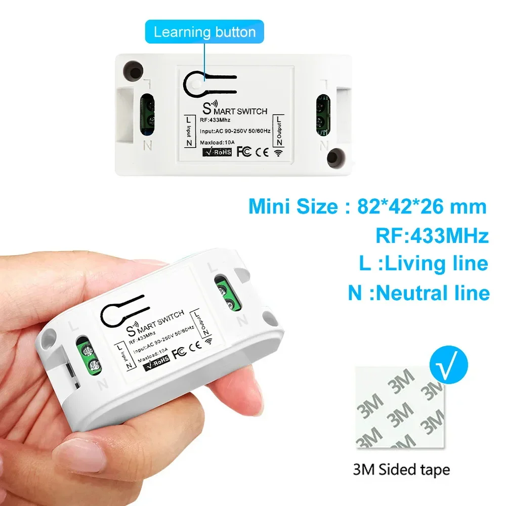 RF 433Mhz Light Switch Round 10A Wireless Panel Mini Switch Remote Control Relay Receiver Module Transmitter For Bedroom