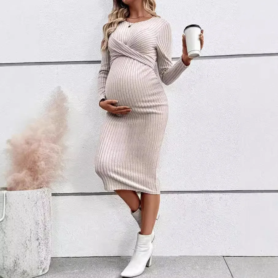 Autumn Winter American Casual Across Ties  A Line Slim Dress Maternity Elegant A Line Hot Clothes for Pregnant Women Pregnancy