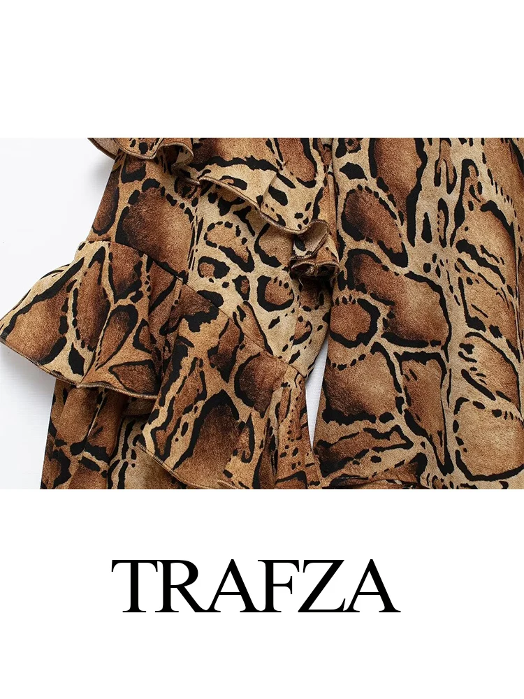 TRAFZA Women\'s Fashion V-Neck Stacked Decorative Animal Print Shirt Female Sexy Elegant Long Sleeve Lace Up Casual Shirts Mujer