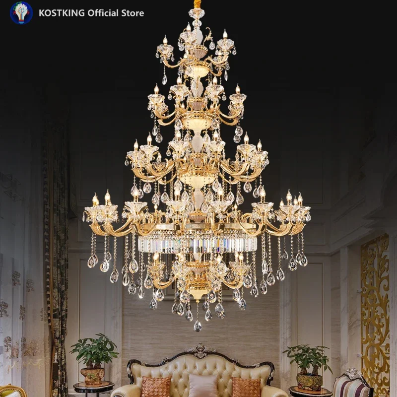 French Retro K9 Crystal Chandelier For Living Room Lobby European Brass Banquet Hall Pendent Lamp Home Decoration chandelier