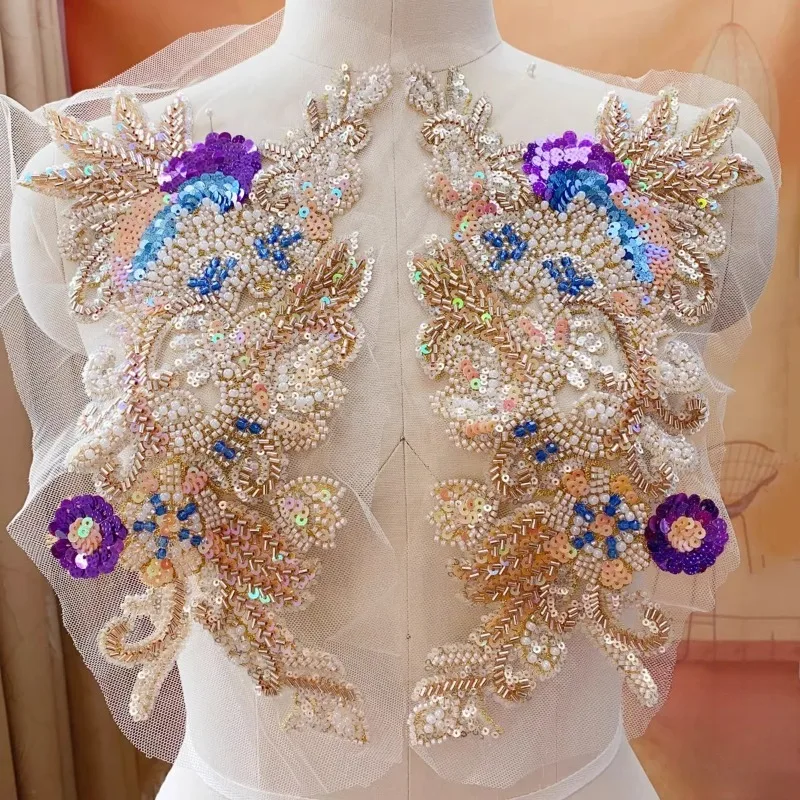 

2 Pieces, Exquisite Champagne Bead Embroidery, Lace Decal, Sequin, Nail Bead Decoration, Handmade Wedding Dress Accessories