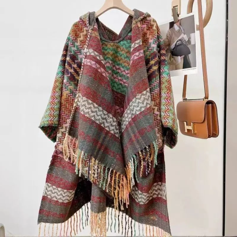 2024 Knitted Cloak Coat Women\'s Cape Sweater Autumn Winter Thicken Retro Ethnic Style Hooded Mantle Wave Lattice Tassels Cloak