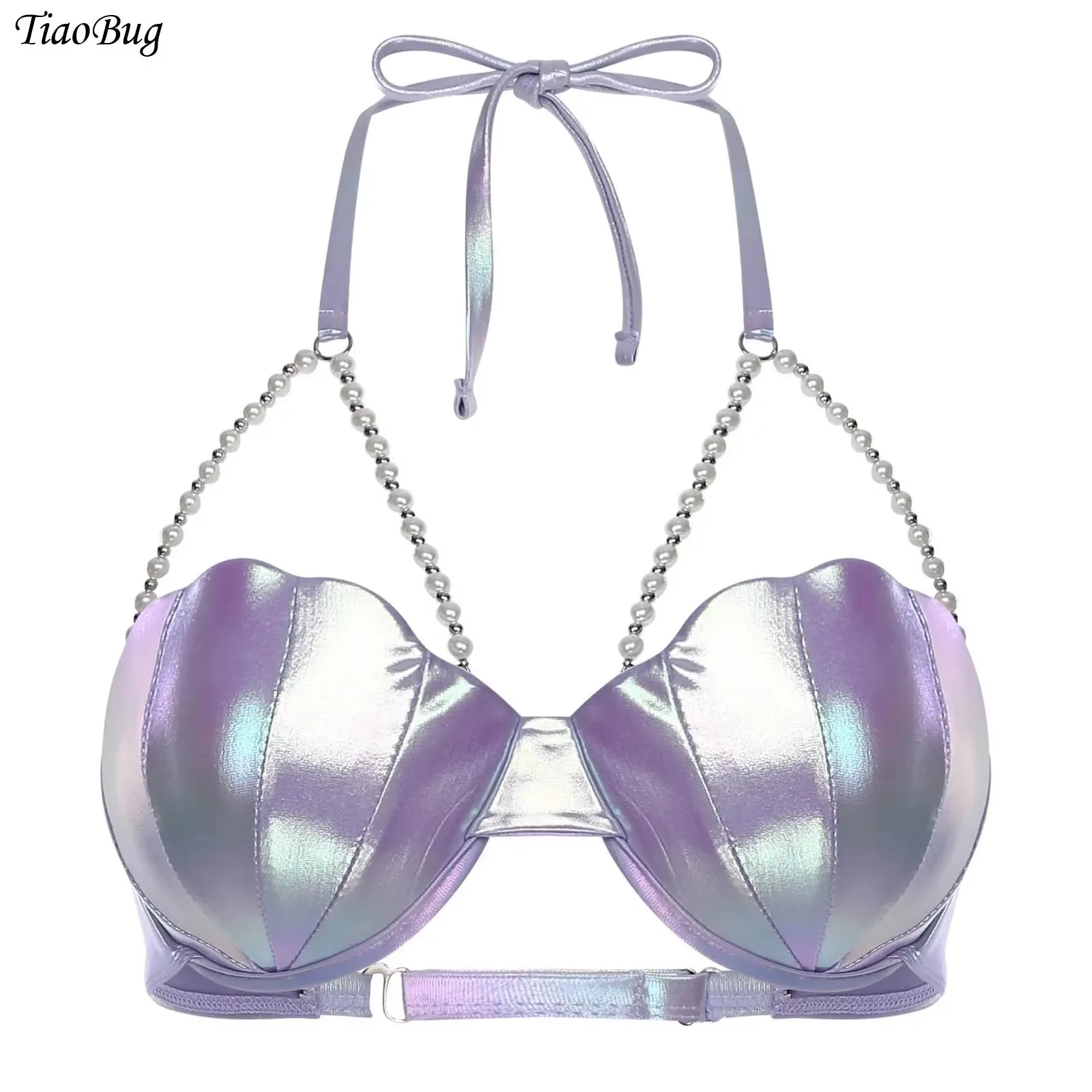 

Women Glitter Bikini Mermaid Swimwear Bra Top Halter Neck Pearl Sheel Bead Chains Padded Bra Swim Top Beach Party Bathing Suit