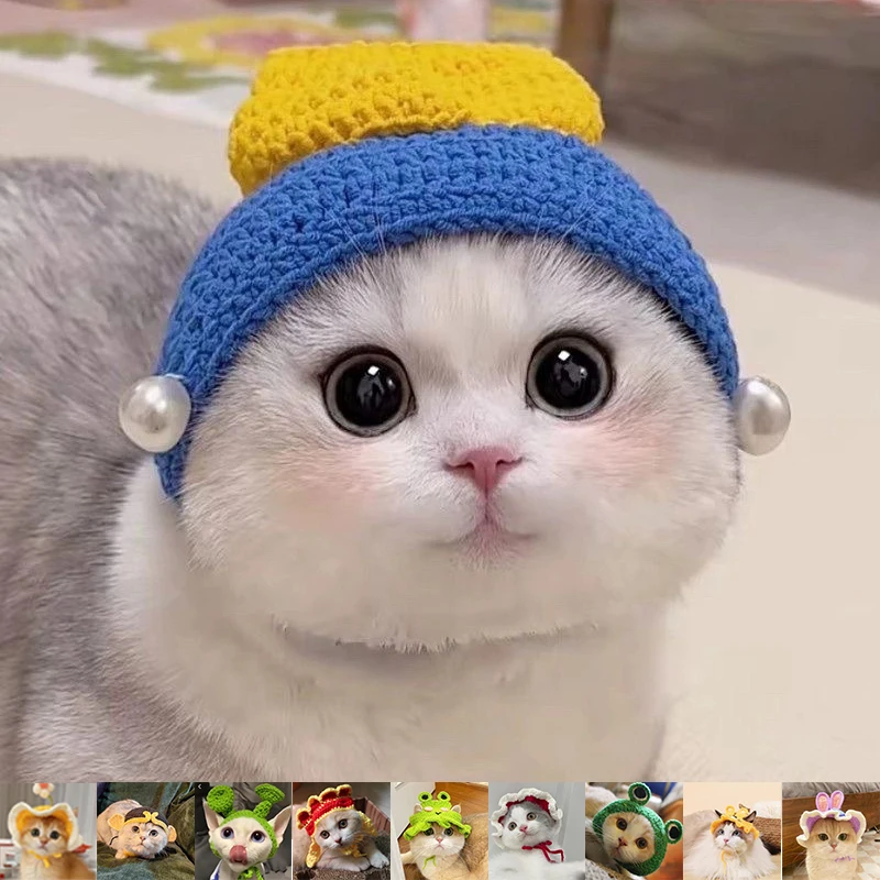 

Funny Adjustable Pet Party Hat for Cats Rabbit Cute Knitted Headwear with Flower Decor Elastic Cosplay Accessories Photo Prop