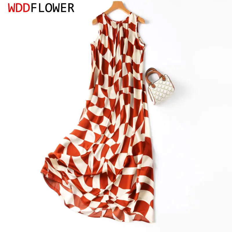 

Women Silk Midi Dress 93% Mulberry Silk 7% Spandex 19 momme Orange Checked Printed Sleeveless Tank Dress O neck Long Dress MM893