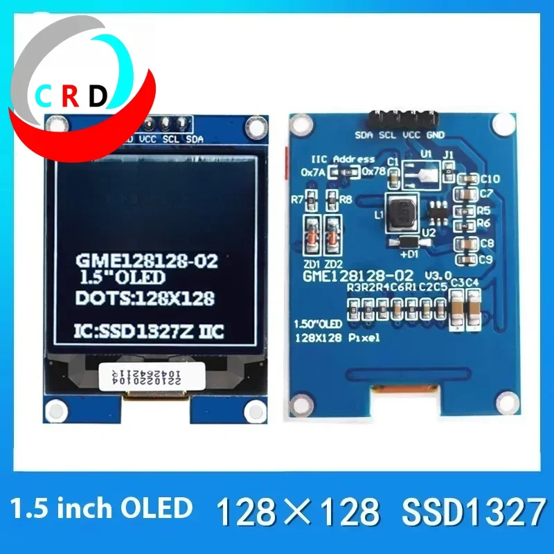 Chanruida 1.5 inch OLED LCD 128x128 small screen SSD1327Z gray scale 4-pin module IIC lcd display  raspberry pi monitor