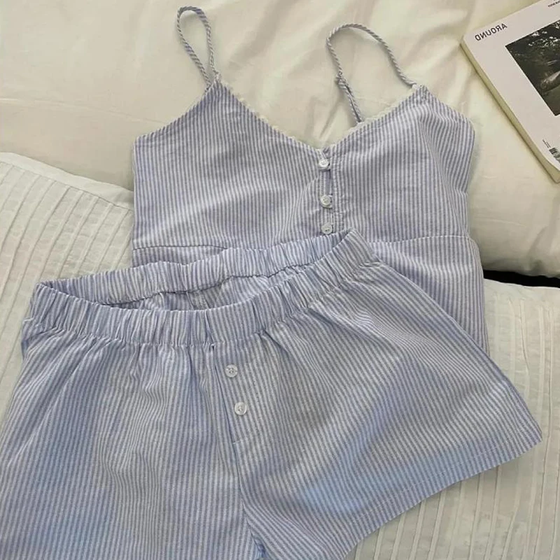 شورت بحمالات مع وسادة صدر طقم بيجامات نسائي صيفي مخطط حلو ملابس منزلية #5