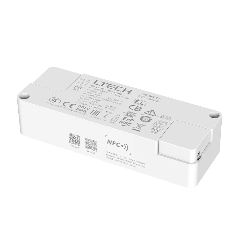 

LTECH Led Dimming Driver 220V-240V 45W Ultra-small ON/OFF CC Driver(NFC programmable,Soft start) SN-45-300-1050-G1NF