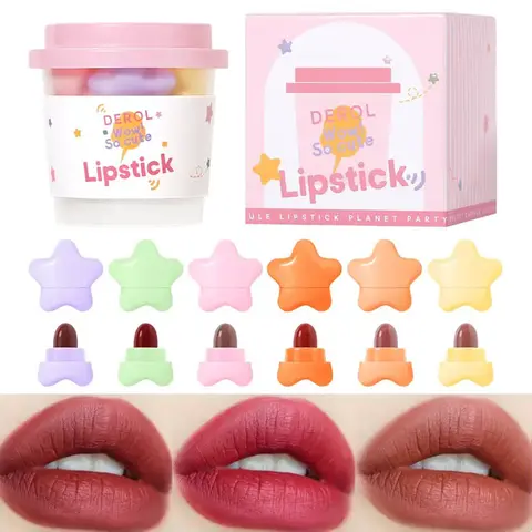 6pcs/set Long Lasting Star Mini Lipstick, Candy Color Matte Velvet Mist Portable Waterproof Lipstick Set