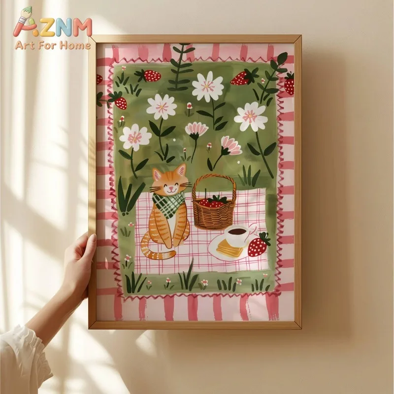 Cute Orange Cat Picnic Canvas Wall Art Strawberry Flower Garden Print with Coffee Basket Wall Decor Unframed Canvas Poster