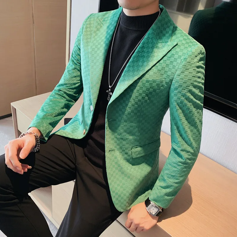 Jacquard Woven  Suit  Jacket Men's New Europe  United States Simple Autumn and Winter Korean Version Slim Solid Color Suit Green