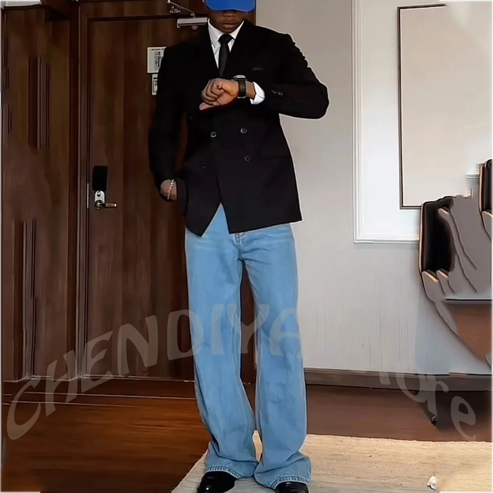 

Classic Double Breasted Men's Suit Straight Fit Black Jacket Denim Pants Two Pieces Fashion Street Casual Daily Set Oufit