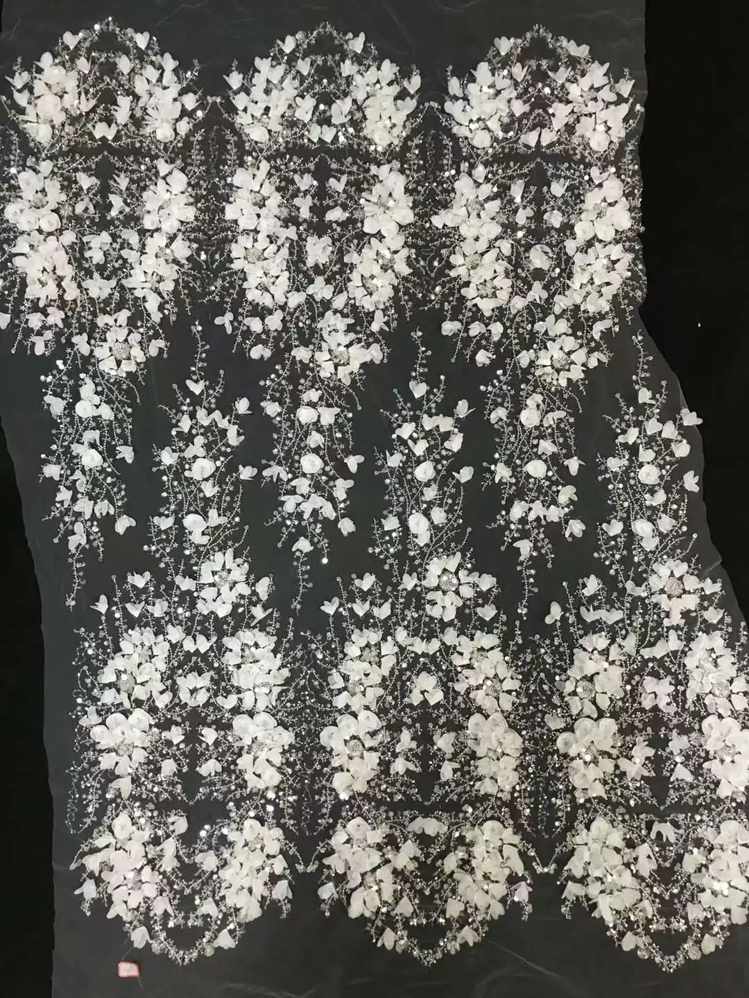 Top Sales Beaded Sequins Lace Fabric 36SU-7502 Embroidered French Material with 3D Flowers  For Wedding or Fashion Show Dress