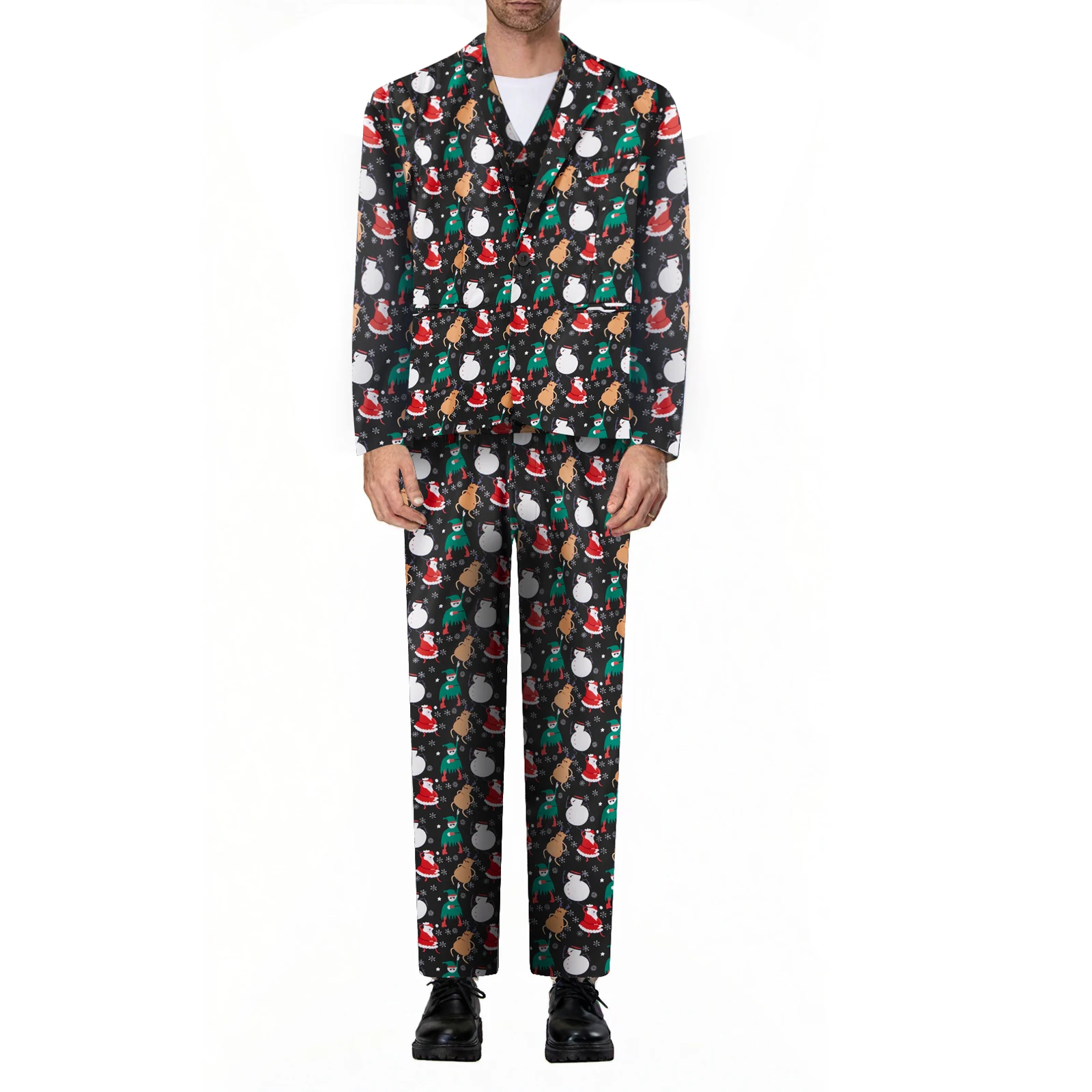 2027 New Years Tuxedo Suits for Male 3 Piece Regular Fit Suit Snowflake Snowman Print Blazer Jacket Pants Vests Men Suit Set