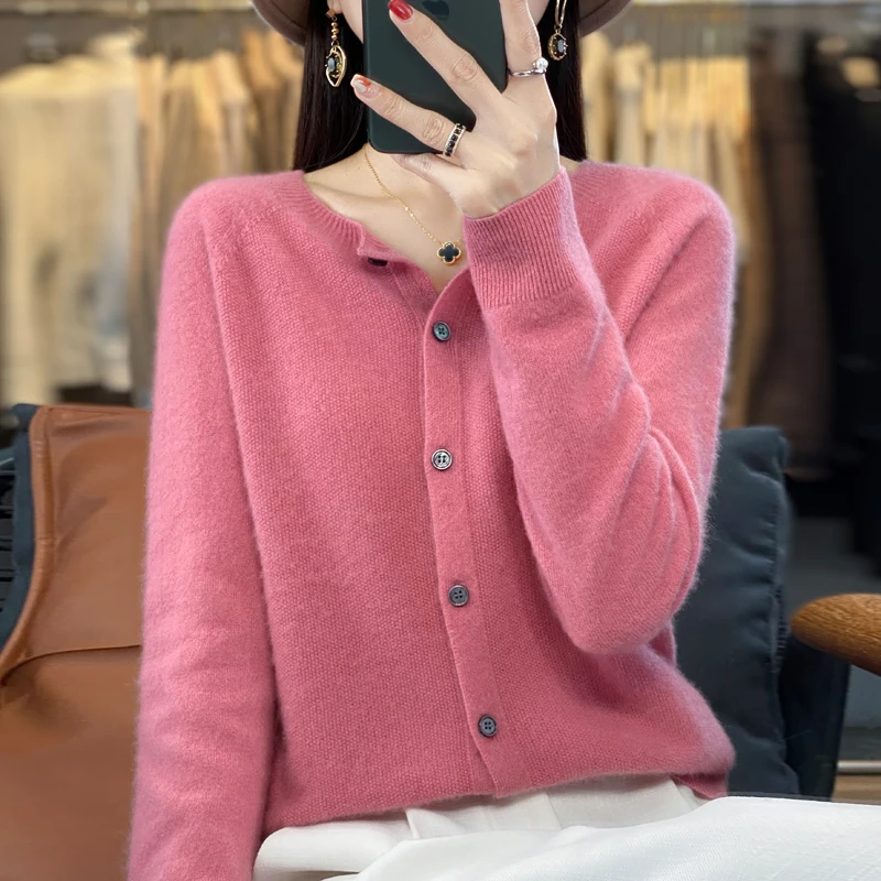 Women 100% Merino Wool Sweater Autumn Winter O-Neck First Line Seamless Cardigan Long Sleeve Clothing Cashmere Knitwear Tops