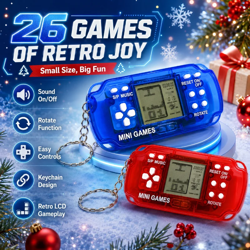 Hot Selling Mini Handheld Game Keychain Classic Tetris Retro Pocket Electronic Game Machine 26 Games Surprise Gift