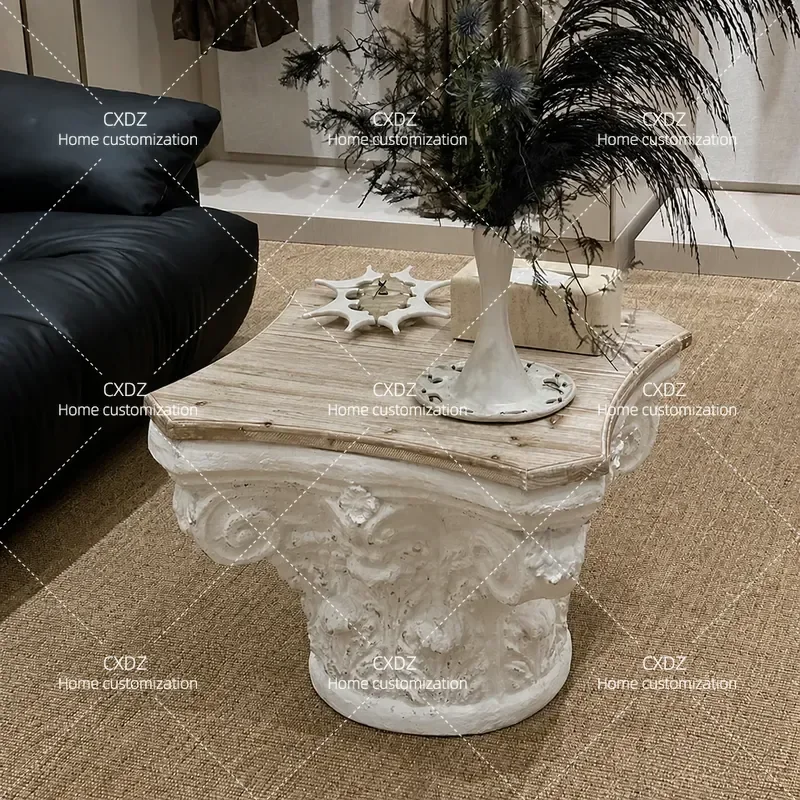 Retro Pillar Coffee Table Carved Edge Side Table for Living Room Balcony Vintage Style Wooden Center Table Combination Set