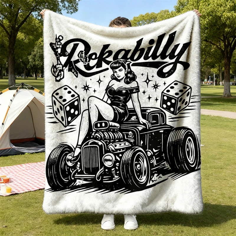 Rockabilly Hot Rod Pin Up Graphic Flannel Blanket, Retro 50s Racing Flannel Blanket