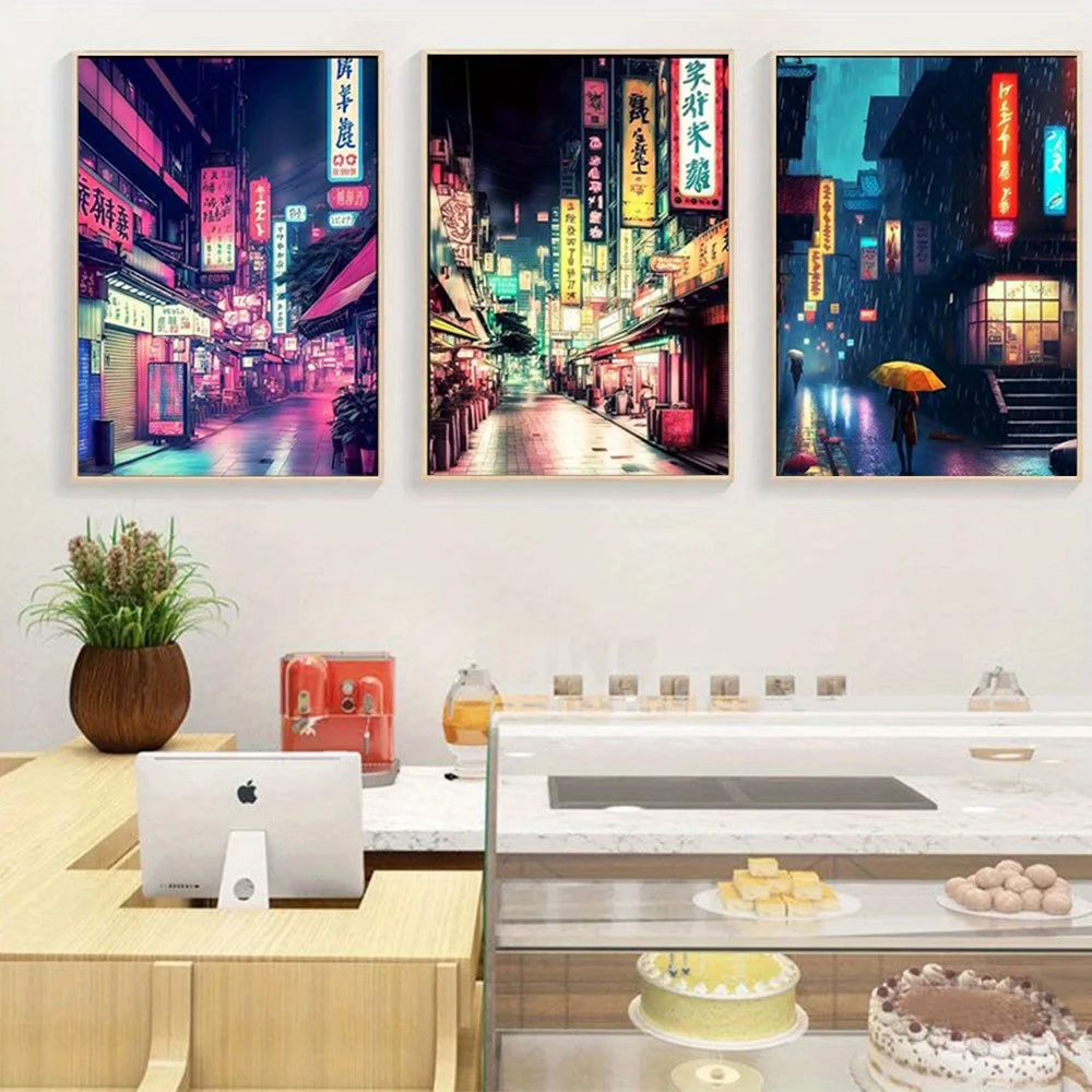 2D Flat 3pcs Unframed Japanese Wall Art Prints Set with Abstract Neon Posters, Tokyo Night Streets Canvas Paintings for Livin