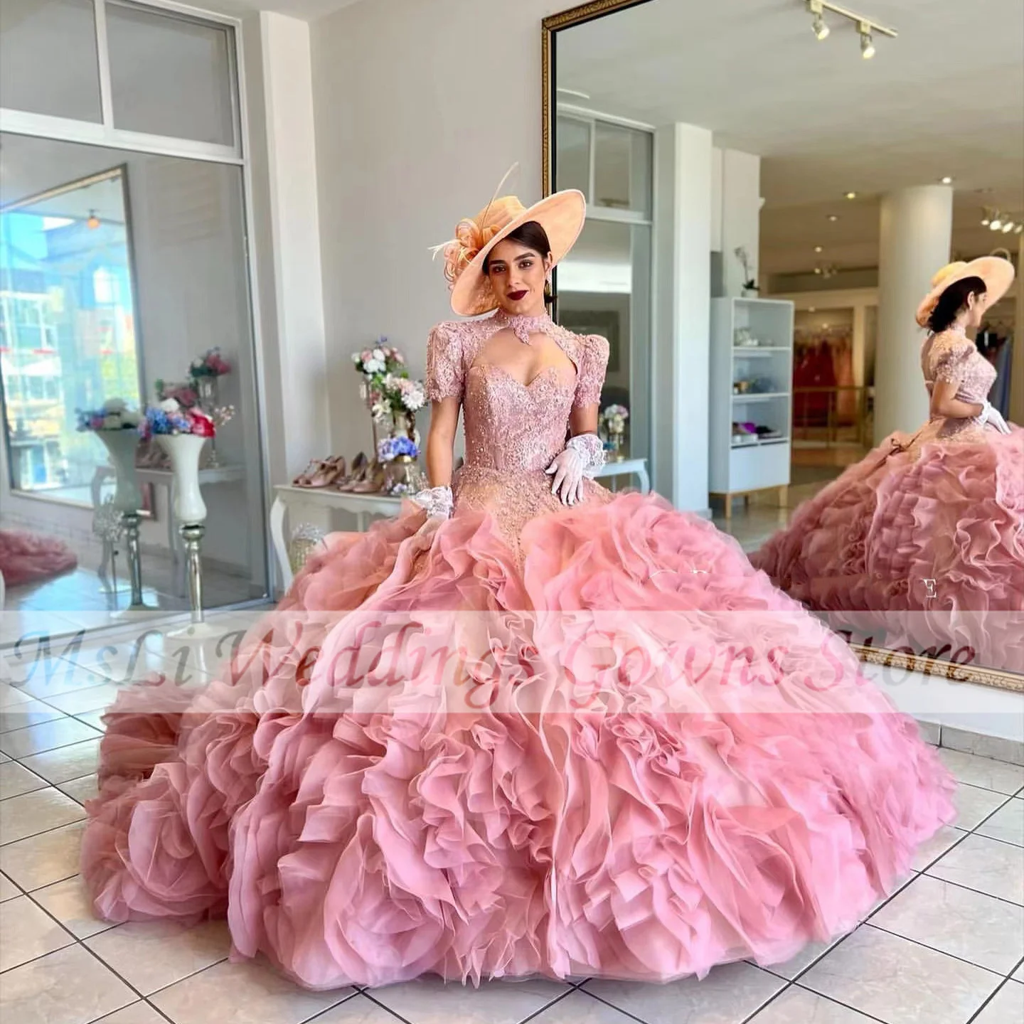 New Pink Quinceanera Dress Beads Appliques Short Sleeve Ruffles Vestidos De 15 Anos Princess Ball Gowns Custom Made