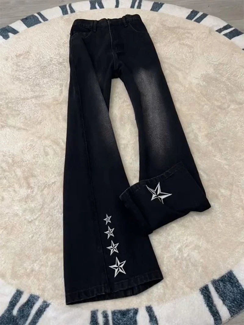 Men's Five Pointed Star Embroidered Pattern Micro Flared Jeans Spring Street Boy Trousers Male Personality High Waist Jeans