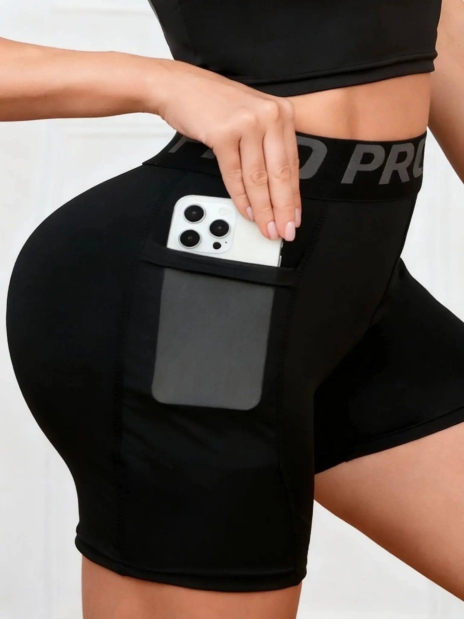 Damen-Leggings mit hoher Taille, Schriftzug am Bund, einfarbige Sportshorts für atmungsaktives, schnell trocknendes Laufen, Fitness, Tennis, Workout-Shorts – Detail 6