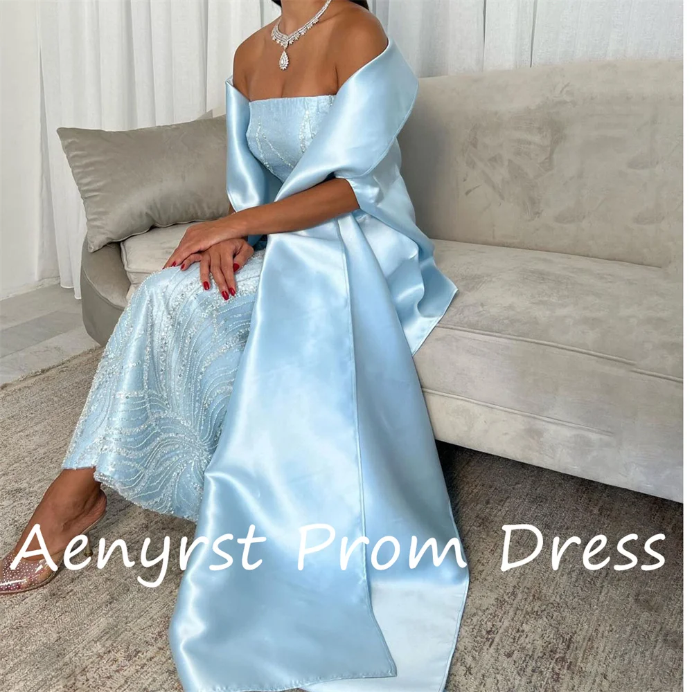 Aenyrst Sky Blue Strapless Satin Sequins Saudi customized Evening Dresses Straight Shawl Prom Dress Ankle Length Party Gowns