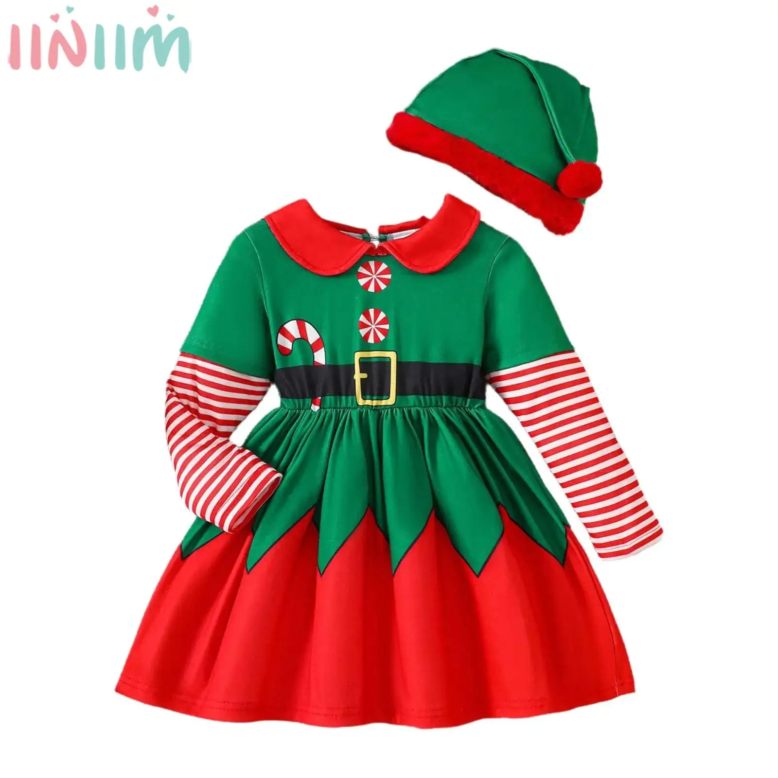 Kids Girls Christmas Elf Santa Helper Cosplay Costume Long Sleeve Print Dress with Hat Xmas New Year Party Photography Clothes