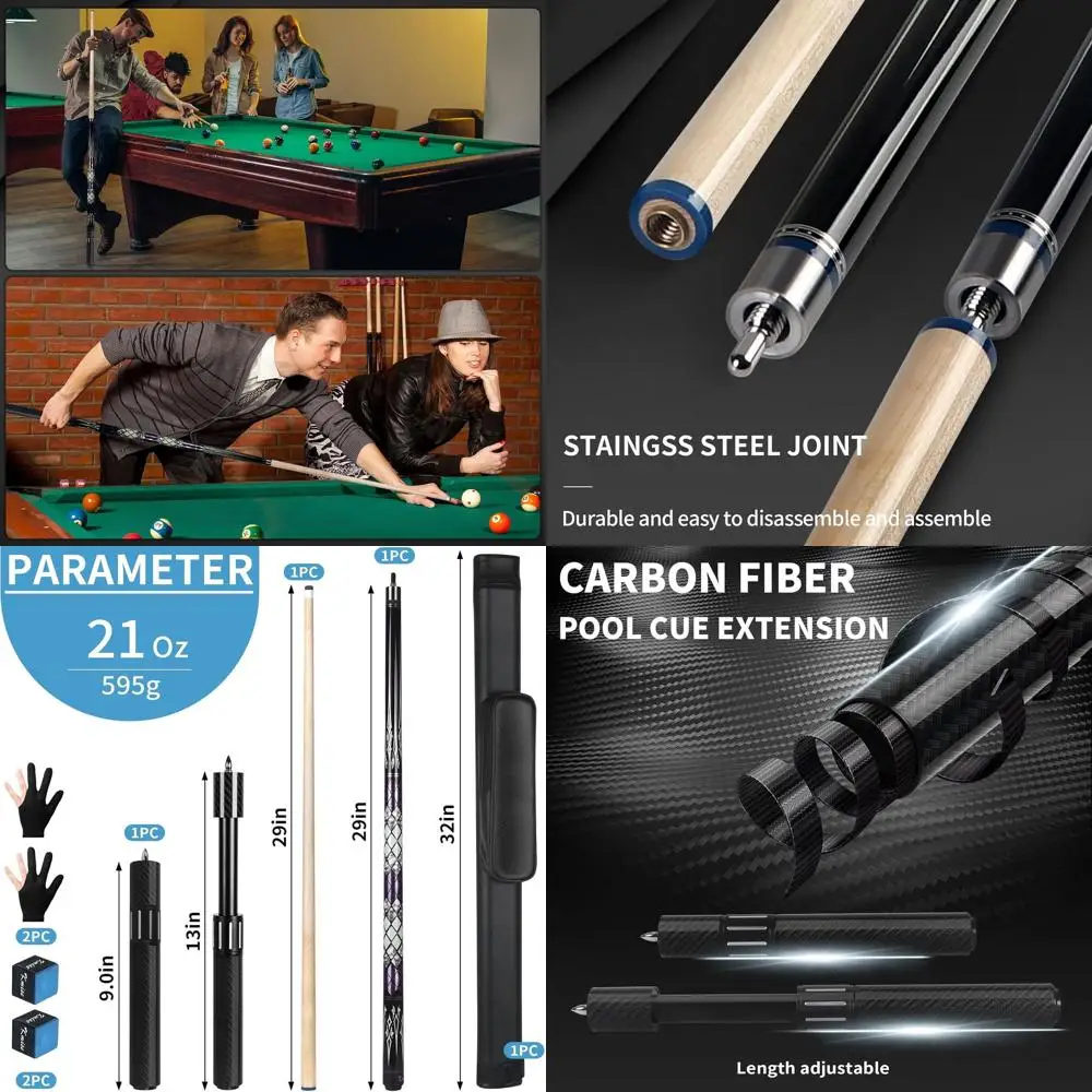 

Профессиональные кии для бассейна из канадского клена, вес 18–20 унций, телескопическое удлинение из углеродного волокна, идеально подходят для взрослых в барах и бильярде