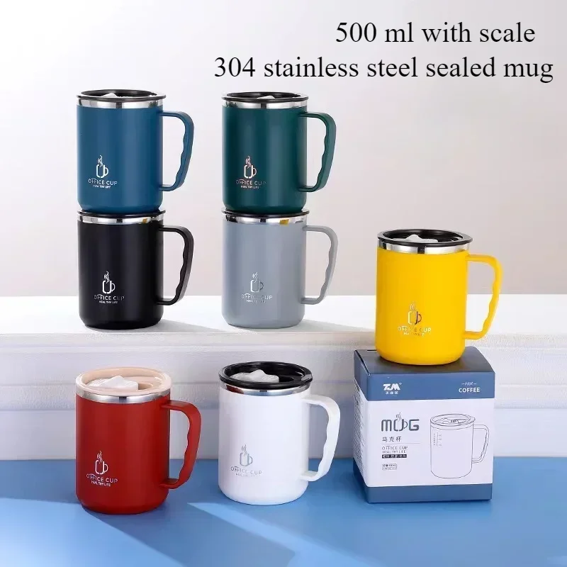 500ml 304 Stainless Steel Water Bottle Double Layers Coffee Mug Milk with Handle and Lid Portable Insulated Cup for Traveling