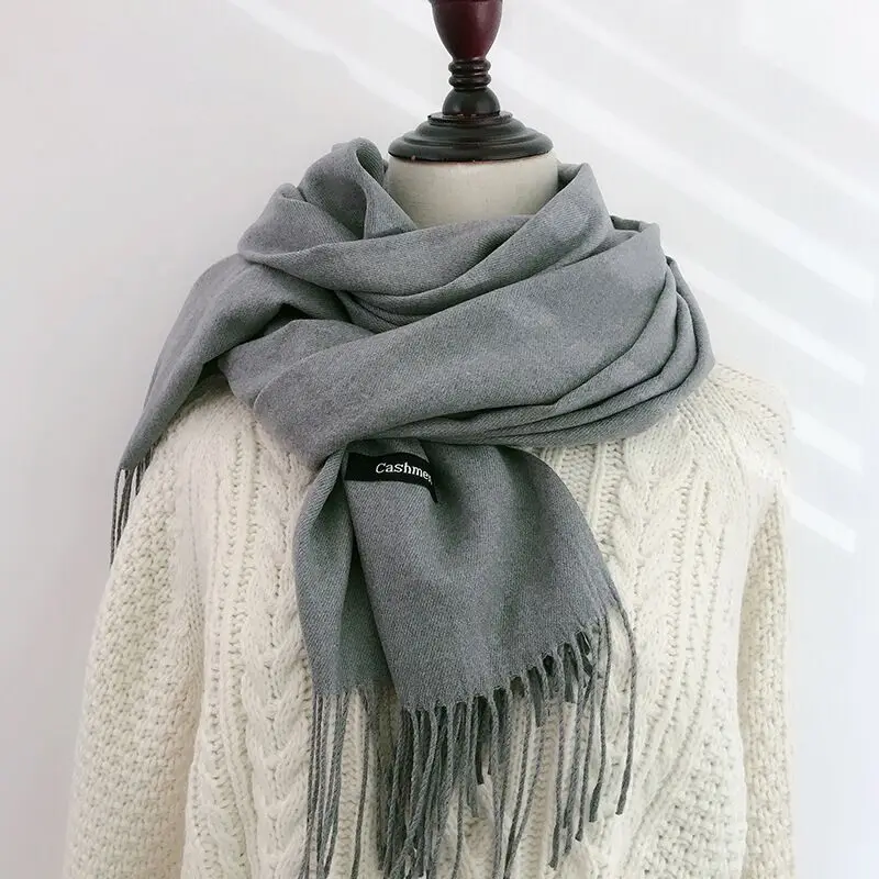 유니섹스 솔리드 컬러 겨울 스카프 한국 스타일 긴 두꺼운 모조 캐시미어 밝은 빨간색 학생을위한 다목적 패션