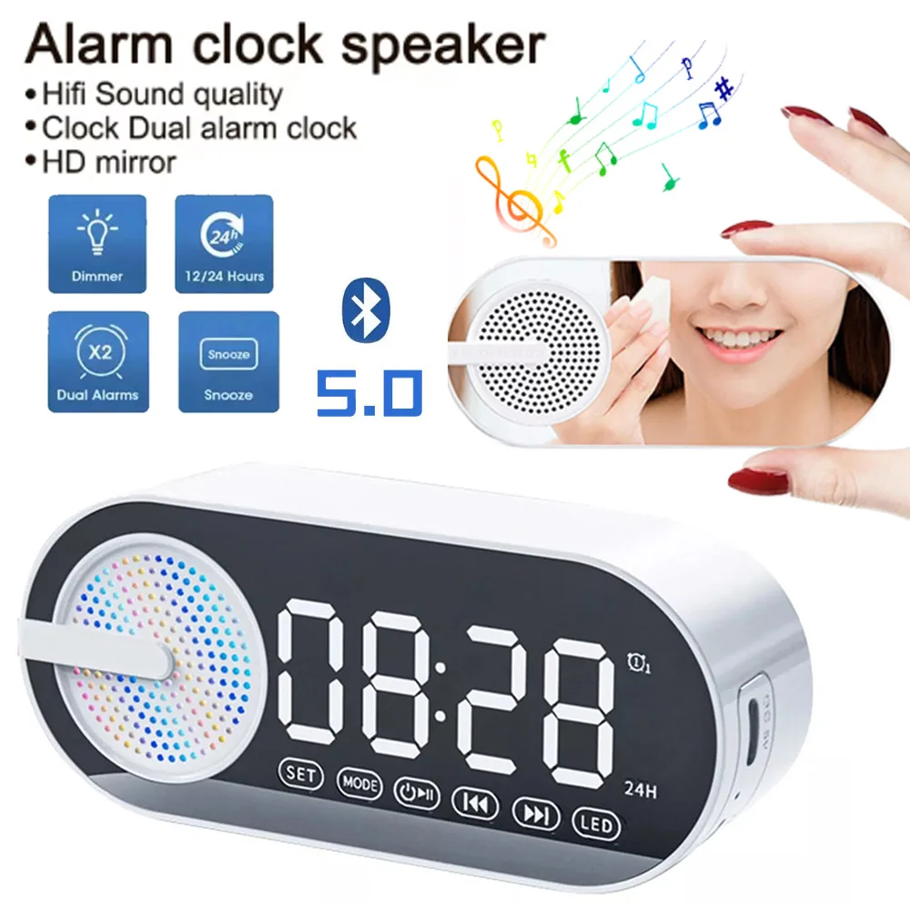 Wireless V5.0 Bluetooth Speaker Multi-functional Loud Subwoofer Clock Mini Smart Alarm Clock Speaker FM Radio Desktop Music Play