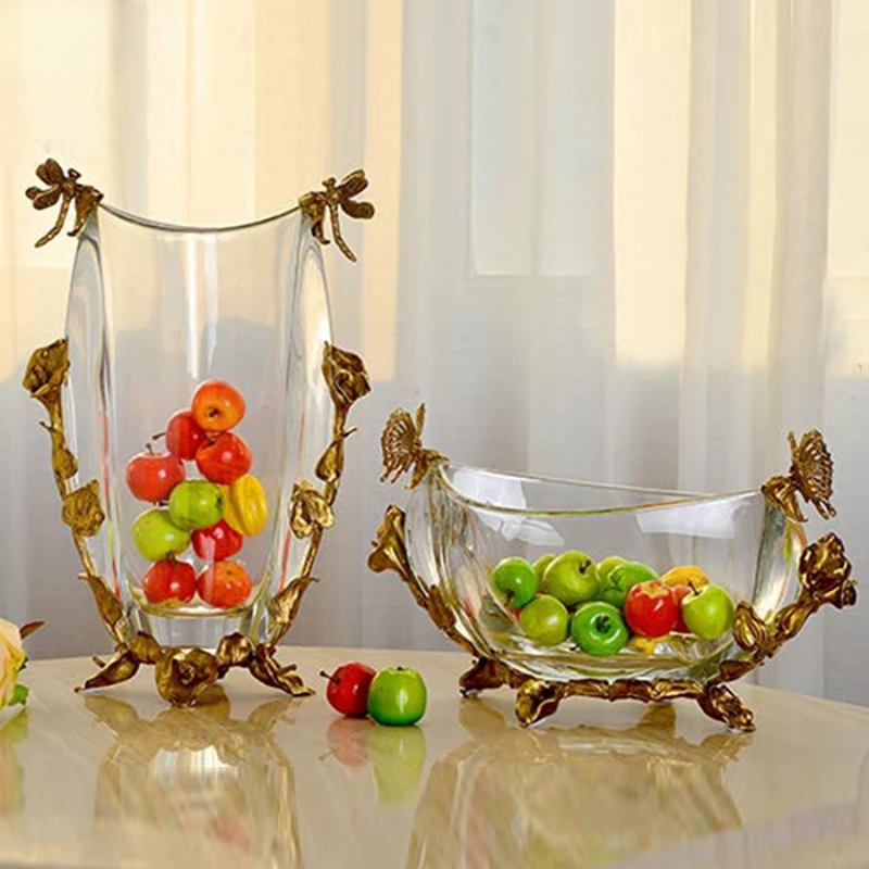 

High-end luxury vase flower arrangement, home accessories, crystal with copper fruit plate, fruit bowl