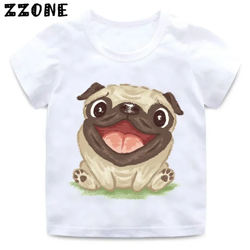 Children Retro Flower Pug Watercolor Print Funny T shirt Girls and Boys Summer White Tops Kids Casual Soft T-shirt,ooo2162