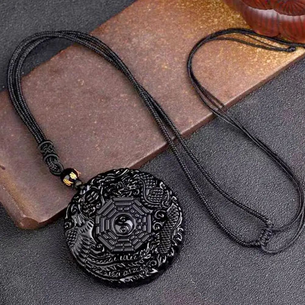 Natural Black Obsidian Hand Carved Chinese Dragon Phoenix Bird Amulet BaGua Necklace For Women Men Luck Mascot Amulet Pendant