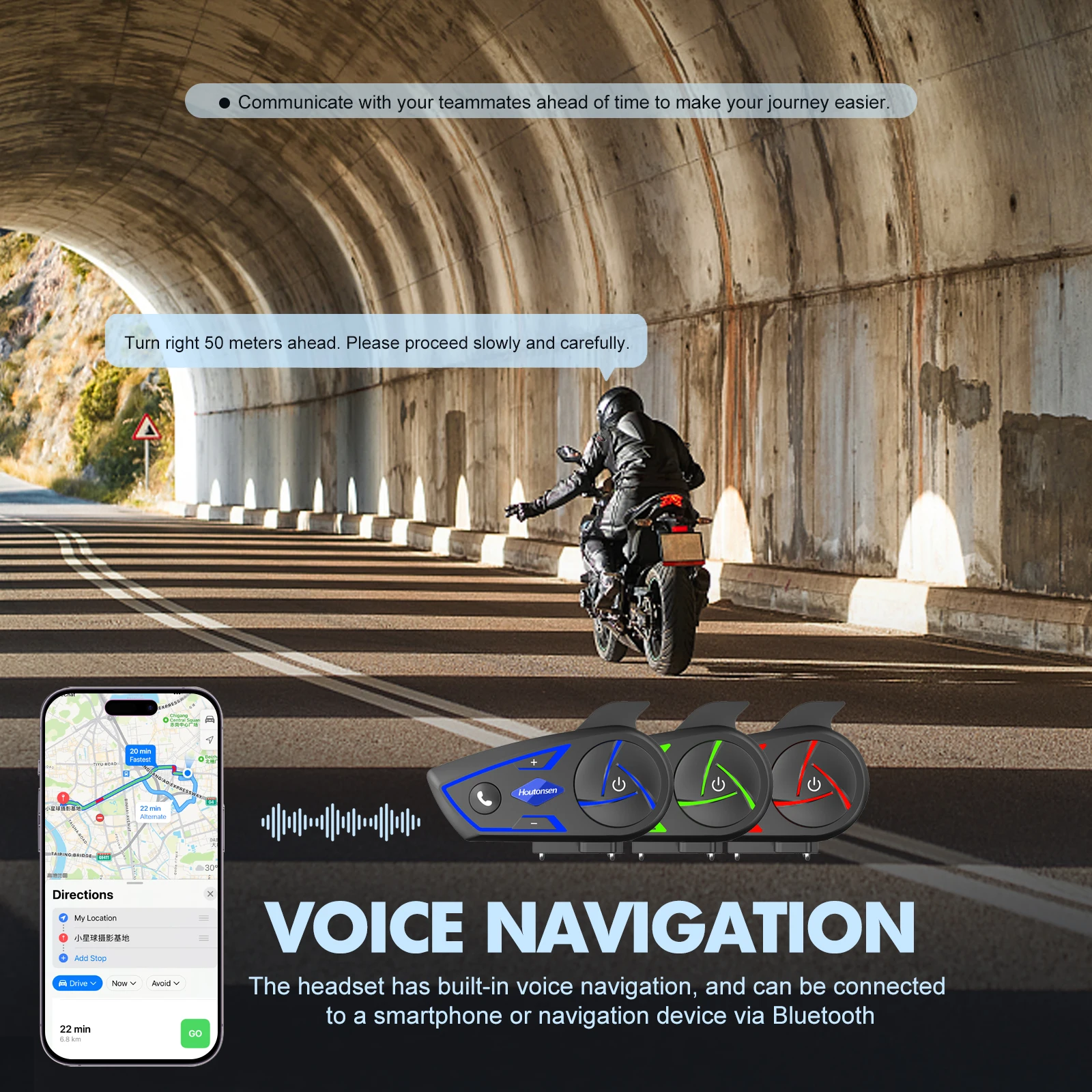 Houtonsen S3 Waterproof Motorcycle Walkie-talkie Bluetooth Noise Reduction Headset 3-color RGB Ambient Light Stereo Music Player